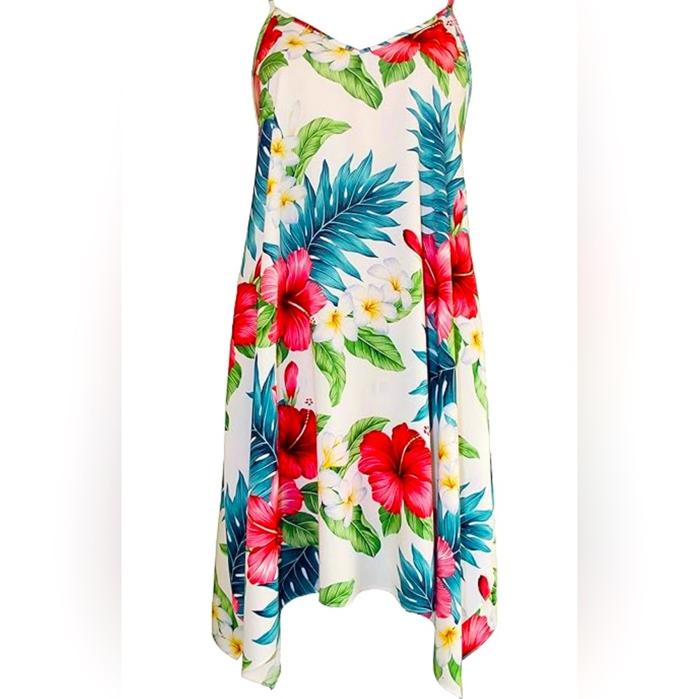 RJC Puanani Hawaiian Tropical Hibiscus Floral Multi Blue Green Mini Sundress, M